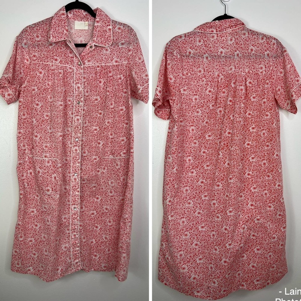 VINTAGE Floral Snap Up House Dress, House Coat, Robe, Mumu Red & White Womens S